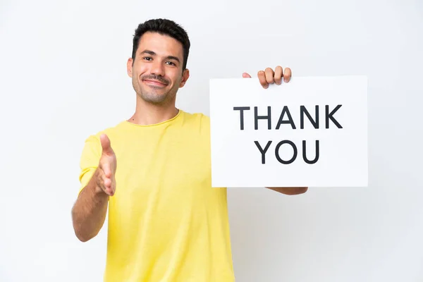 Young Handsome Man Isolated White Background Holding Placard Text Thank — Stock Photo, Image