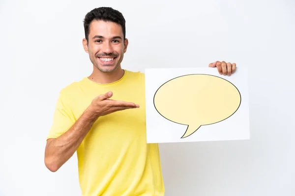 Young Handsome Man Isolated White Background Holding Placard Speech Bubble — Stock Photo, Image