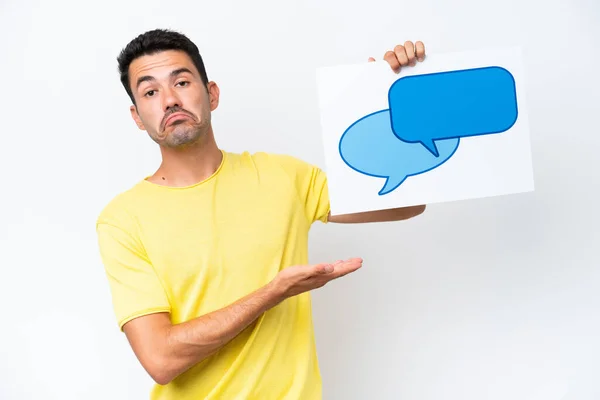 Jovem Homem Bonito Sobre Fundo Branco Isolado Segurando Cartaz Com — Fotografia de Stock