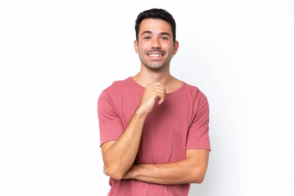 Jonge Knappe Man Geïsoleerde Witte Achtergrond Lachen — Stockfoto