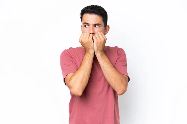 Young Handsome Man Isolated White Background Nervous Scared Putting Hands — Stock Photo, Image