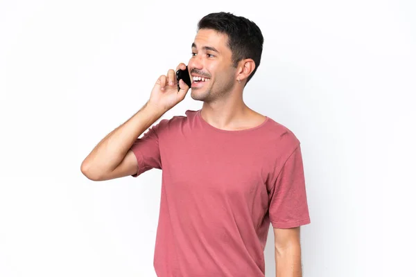 Młody Przystojny Mężczyzna Nad Odizolowanym Białym Tle Prowadzenie Rozmowy Telefonu — Zdjęcie stockowe