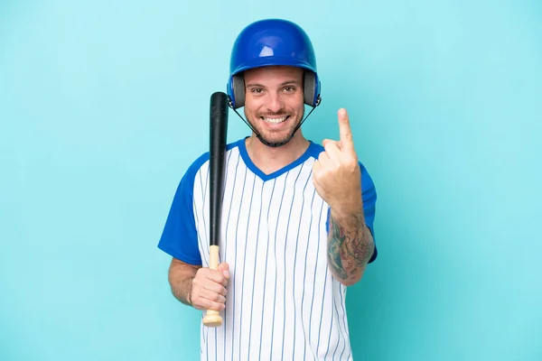 Baseball Hráč Helmou Pálkou Izolované Modrém Pozadí Dělá Nadcházející Gesto — Stock fotografie