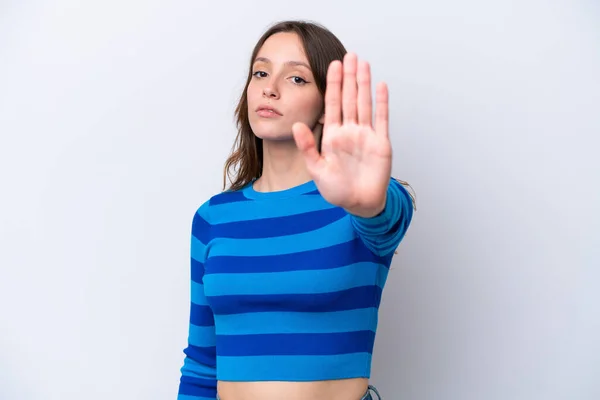 Νεαρή Καυκάσια Γυναίκα Απομονωμένη Λευκό Φόντο Κάνοντας Χειρονομία Στοπ — Φωτογραφία Αρχείου