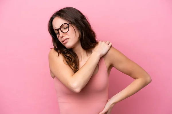 Young Caucasian Woman Isolated Pink Background Suffering Pain Shoulder Having — Stock Photo, Image