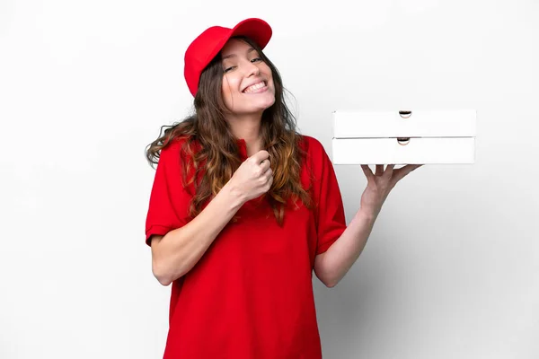 Pizza Levering Vrouw Met Werk Uniform Pick Pizza Dozen Geïsoleerd — Stockfoto