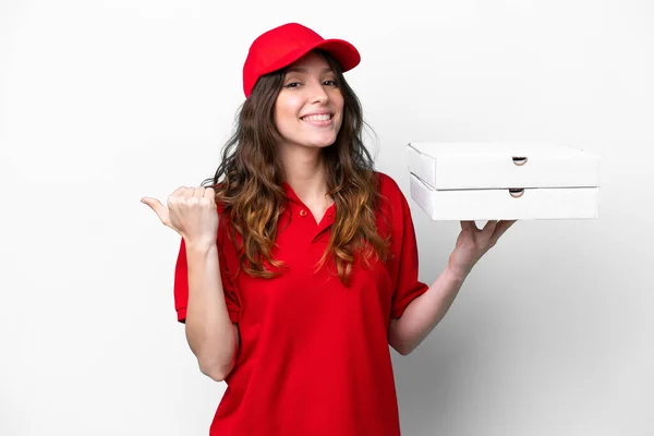 Pizza Leverans Kvinna Med Arbete Uniform Plocka Upp Pizza Lådor — Stockfoto