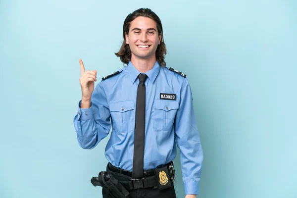 Joven Policía Caucásico Hombre Aislado Sobre Fondo Azul Mostrando Levantando — Foto de Stock