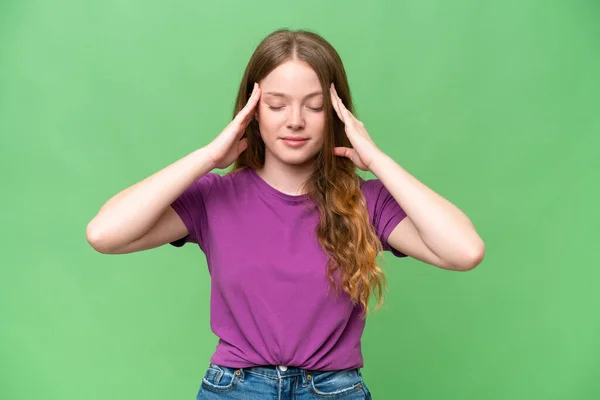 Junge Hübsche Frau Über Isolierten Hintergrund Mit Kopfschmerzen — Stockfoto