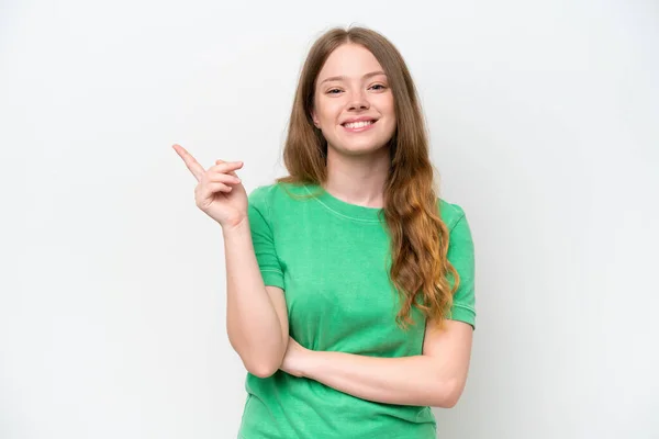 Giovane Bella Donna Isolata Sfondo Bianco Felice Puntando — Foto Stock