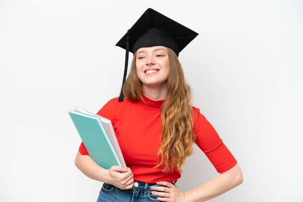 Jovem Universitária Graduada Mulher Isolada Fundo Branco Posando Com Braços — Fotografia de Stock