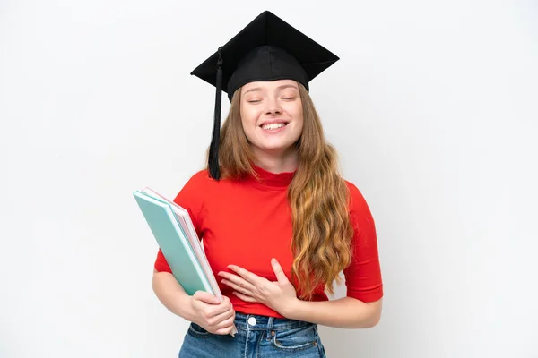 Νεαρή Απόφοιτος Πανεπιστημίου Γυναίκα Απομονωμένη Λευκό Φόντο Χαμογελώντας Πολύ — Φωτογραφία Αρχείου