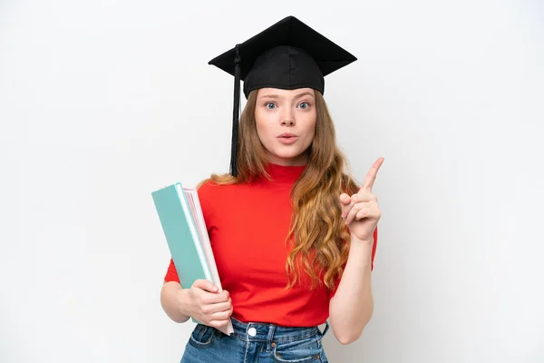 Young University Graduate Woman Isolated White Background Intending Realizes Solution — Stock Photo, Image