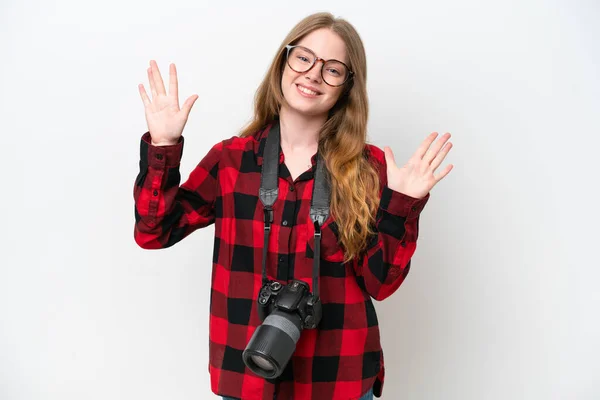 Joven Fotógrafa Bonita Mujer Aislada Sobre Fondo Blanco Contando Diez —  Fotos de Stock