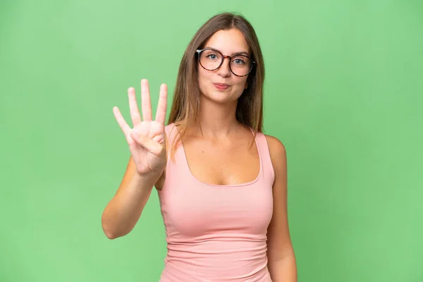 Jovem Mulher Bonita Sobre Fundo Isolado Feliz Contando Quatro Com — Fotografia de Stock