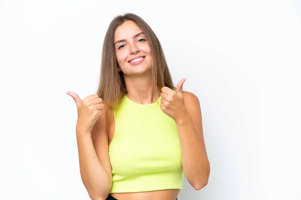 Mujer Joven Caucásica Aislada Sobre Fondo Blanco Con Pulgares Hacia — Foto de Stock