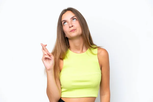 Young Caucasian Woman Isolated White Background Fingers Crossing Wishing Best — Stock Photo, Image
