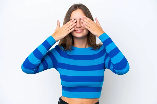 Young Caucasian Woman Isolated White Background Covering Eyes Hands Smiling — Stock Photo, Image