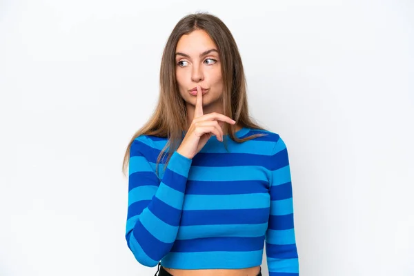 Young Caucasian Woman Isolated White Background Showing Sign Silence Gesture — Stock Photo, Image