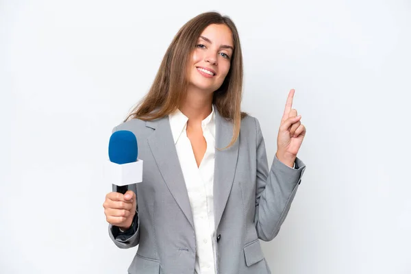 Young Presenter Caucasian Woman Isolated White Background Showing Lifting Finger — Stock Photo, Image