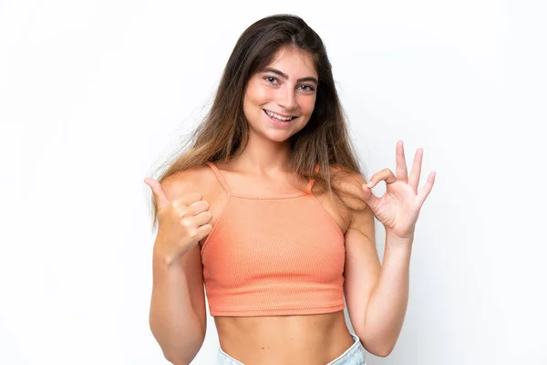 Young Caucasian Woman Isolated White Background Showing Sign Thumb Gesture — Stock Photo, Image