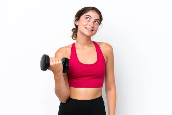 Young Sport Caucasian Woman Making Weightlifting Isolated White Background Thinking — Stock Photo, Image