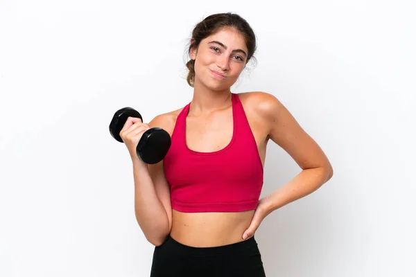 Young Sport Caucasian Woman Making Weightlifting Isolated White Background Suffering — Stock Photo, Image