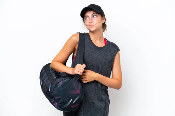 Young Sport Woman Sport Bag Isolated White Background Making Doubts — 图库照片
