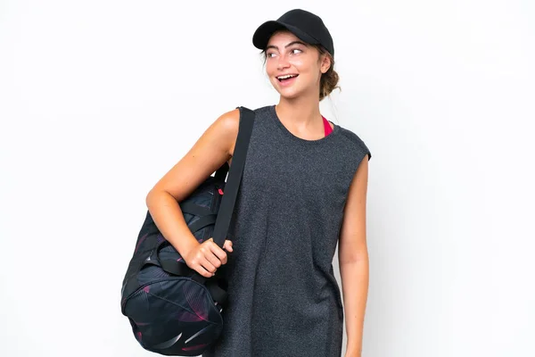 Mujer Deportiva Joven Con Bolsa Deporte Aislada Sobre Fondo Blanco —  Fotos de Stock