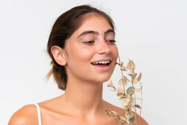 Young Pretty Caucasian Woman Isolated White Background Holding Eucalyptus Branch —  Fotos de Stock