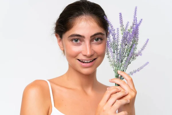 Young Pretty Caucasian Woman Isolated White Background Holding Lavender Plant — Stock Photo, Image