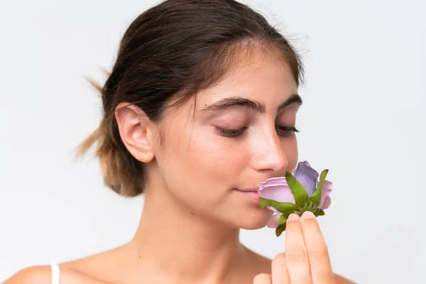 Young Pretty Caucasian Woman Isolated White Background Holding Flowers Close — Fotografia de Stock