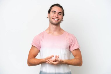 Caucasian handsome man isolated on white background laughing