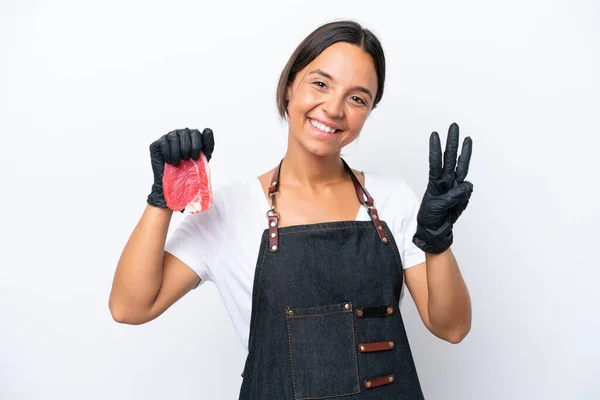 Metzger Hispanische Frau Trägt Eine Schürze Und Serviert Frisches Fleisch — Stockfoto