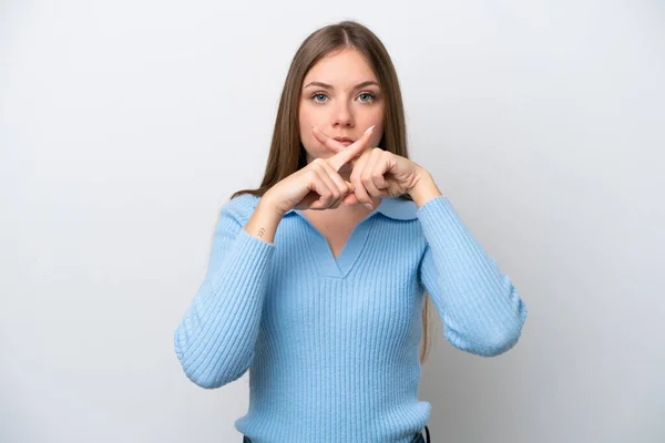 Jonge Litouwse Vrouw Geïsoleerd Witte Achtergrond Met Een Teken Van — Stockfoto