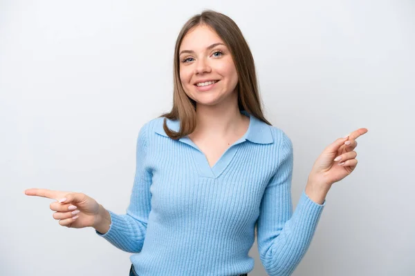 Ung Litauisk Kvinna Isolerad Vit Bakgrund Pekar Finger Laterals Och — Stockfoto