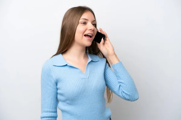 Jovem Lituana Isolada Fundo Branco Mantendo Uma Conversa Com Celular — Fotografia de Stock