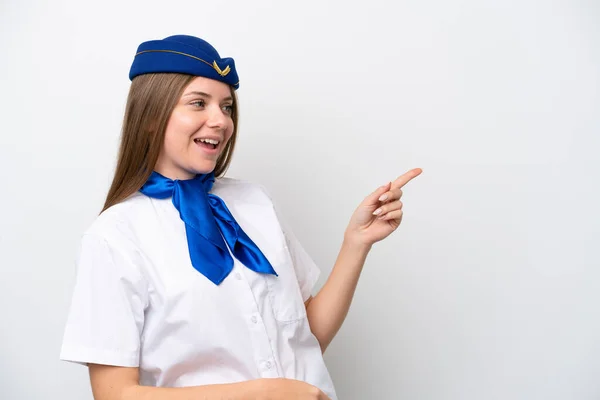 Vliegtuig Litouwse Vrouw Stewardess Geïsoleerd Witte Achtergrond Wijzende Vinger Naar — Stockfoto