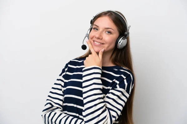 Telemarketer Caucasian Woman Working Headset Isolated White Background Smiling — ストック写真