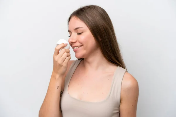 Young Lithuanian Woman Isolated White Background Moisturizer Smelling — Stockfoto