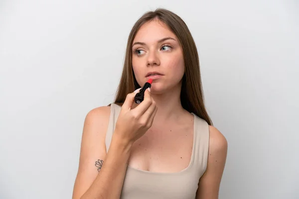 Young Lithuanian Woman Isolated White Background Holding Red Lipstick — 스톡 사진