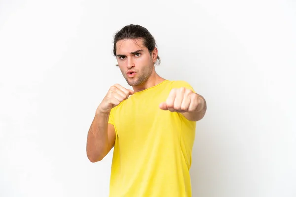 Caucásico Hombre Guapo Aislado Sobre Fondo Blanco Con Gesto Lucha —  Fotos de Stock