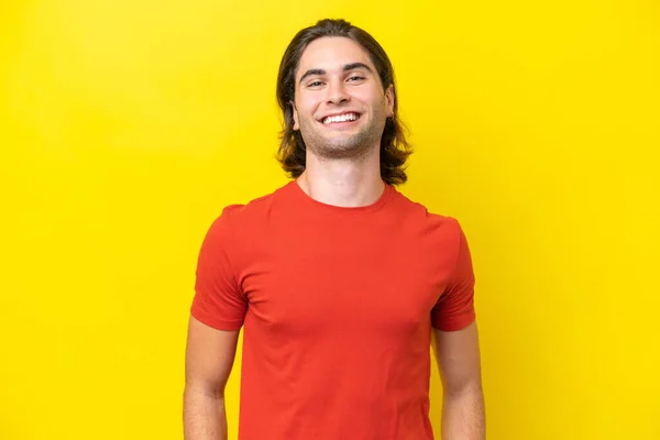 Caucasian Handsome Man Isolated Yellow Background Laughing — 스톡 사진