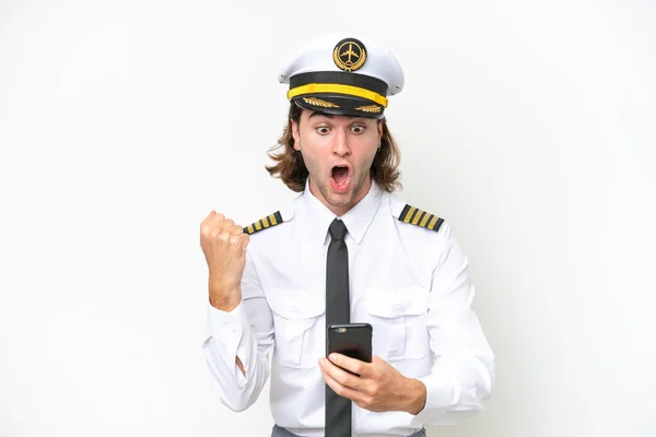 Handsome Airplane Pilot Isolated White Background Surprised Sending Message — Stockfoto