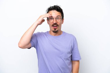 Young man with moustache isolated on white background has realized something and intending the solution
