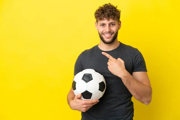 Handsome Young Football Player Man Isolated Yellow Background Pointing Side — Stock Photo, Image