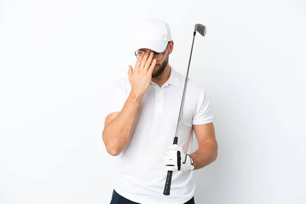 Schöner Junger Mann Beim Golfspielen Isoliert Auf Weißem Hintergrund Mit — Stockfoto