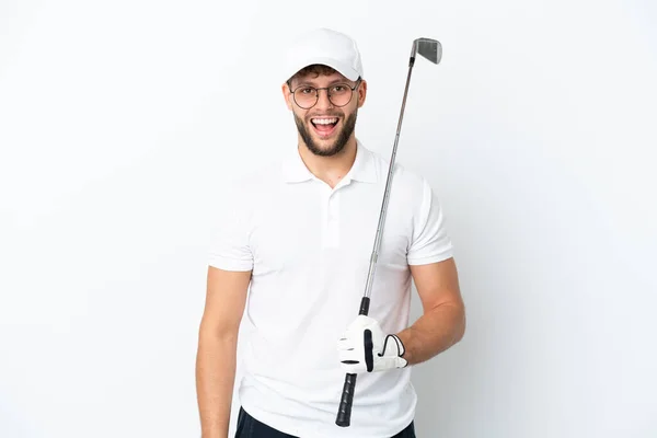 Guapo Joven Jugando Golf Aislado Sobre Fondo Blanco Con Expresión —  Fotos de Stock