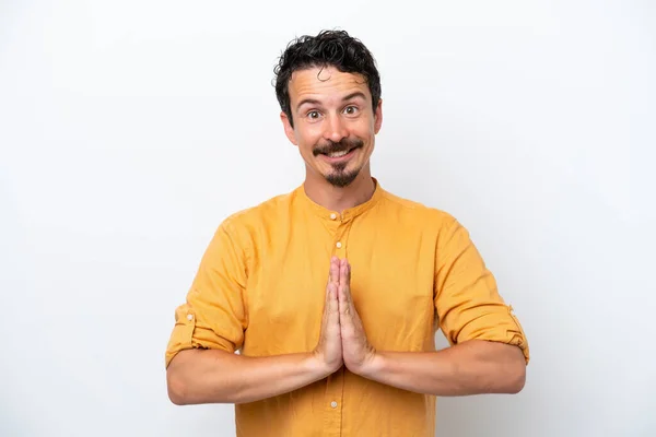 Joven Con Bigote Aislado Sobre Fondo Blanco Mantiene Unida Palma — Foto de Stock