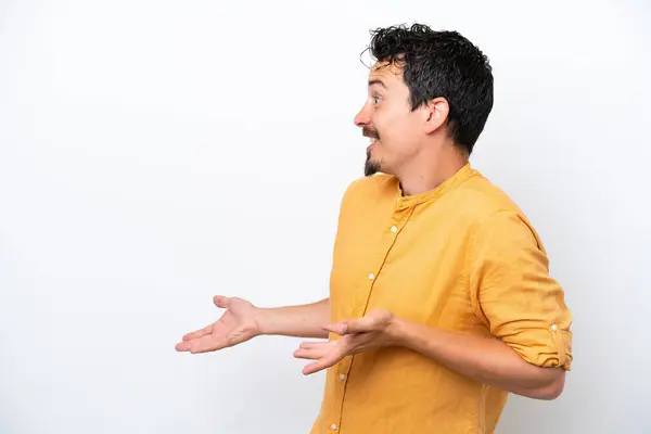 Jeune Homme Avec Moustache Isolé Sur Fond Blanc Avec Expression — Photo